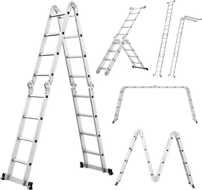 Obrázek produktu pro Víceúčelová žebřík 6 v 1, výška 4,7 m, skládací hliníková žebřík, 4x4 stupňová žebřík s 16 příčkami, protiskluzová, stabilní a robustní, nosnost až 150 kg
