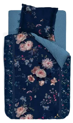 Produktbild von Bettwäsche Tokyo Bouquet Dunkelblau Blumen Blüten Zweige Gepunktet Perkal Wendeoptik, Größe: 135 cm x 200 cm