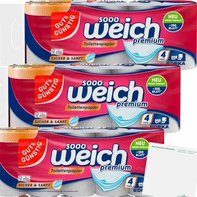 Produktbild von Gut & Günstig Toilettenpapier premium 4-lagig 3er Pack (30 Rollen) + usy Block