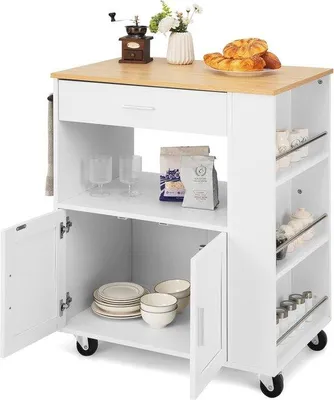 Obrázek produktu pro Kuchyňský vozík s pracovní deskou a košíky na bylinky – bílý kuchyňský vozík s úložným prostorem na kolečkách