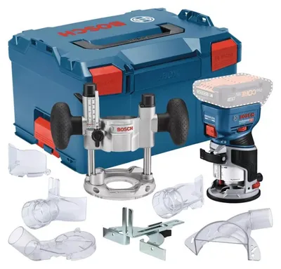 Image de Affleureuse-defonceuse sans fil GKF 18V-8 solo + 1x base plongeante + 1x guide parallèle + 1x Pince de serrage 8mm + 1x Clé plate+ 3x adaptateurs poussière L (vendu sans batterie)
