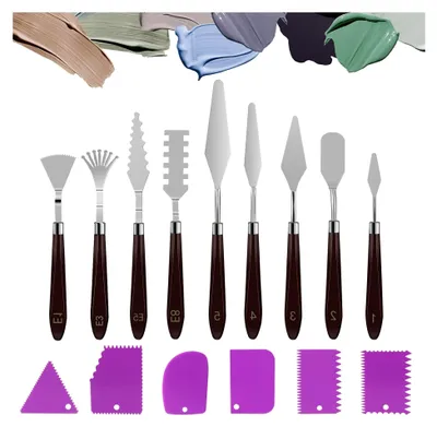 Produktbild von Malmesser und Spachtelset für Acrylmalerei, 15-teiliges Zubehör mit 9 Palettemessern und 6 Abstreifermessern