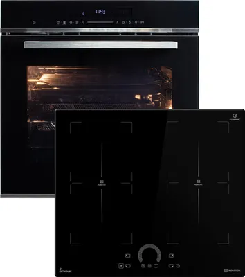 A black built-in oven and a black induction hob are shown side-by-side against a white background.