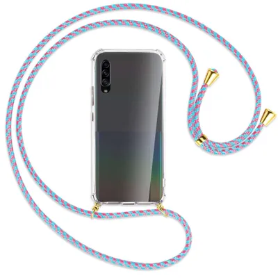 Produktbild von Handykette Backcover-Schutzhülle mit Band (Metall goldfarben) für Samsung Galaxy A90 5G - pink/mint