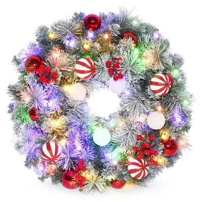 Weihnachtskranz 61 cm mit LED-Lichtern, Kunstschnee, Kugeln & Beeren