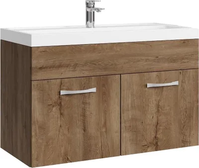 A bathroom vanity set with a sink and cabinet.