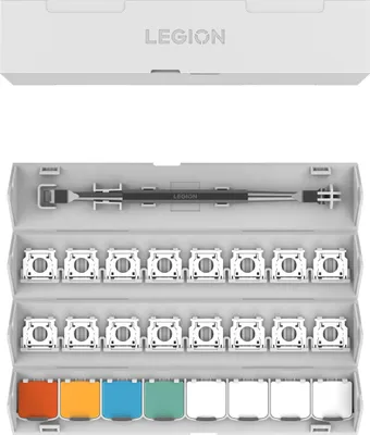 A white box containing a set of interchangeable keyboard keycaps and a tool.