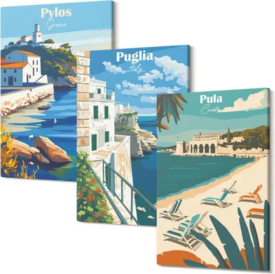 Produktbild von Wandbild – Leinwandbild – Leinwandbilder – Polycanvas – Kunstdruck – Modern – Panorama – Mehrteilig – 3-Teilig Set – Hochwertig – Lichtecht – Geruchslos – 20x30 Cm Je Element - Malerische Küstenlandschaften von Touristenzielen