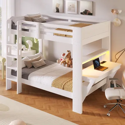 Produktbild von Flieks Etagenbett 90x200cm mit Ladefunktion und Schreibtisch, Kinderbett mit Led, Jugendbett Hochbett mit Leiter und Lattenrost, Holzbett Weiß