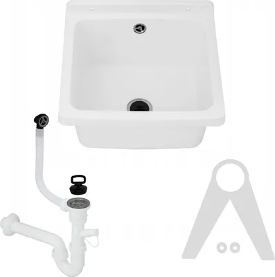 A white sink basin with plumbing accessories and mounting brackets arranged around it on a white background.