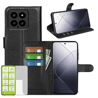 Obrázek produktu pro Pro Xiaomi 14 mobilní telefon pouzdro černé pouzdro umělá kůže pouzdro + H9 tvrdé sklo