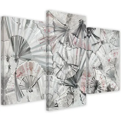 Produktbild von Triptychon auf leinwand japanische fächer 60x40 cm Feeby grau wandbild bereit zum aufhängen