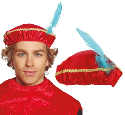 Productafbeelding van Middeleeuwse ridderhoed met veer, rode carnavalspaginakostuum, kerstaccessoire, kleur: rood