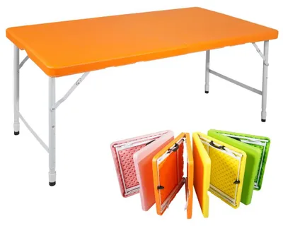Obrázok produktu pre AIORBER Skladací stôl s nastaviteľnou výškou 125 x 61 cm s držadlom, skladací kempingový stôl do záhrady, na kempovanie, párty a piknik, nosnosť až 135 kg, oranžový