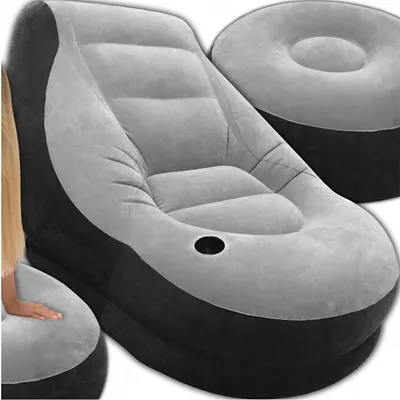 Produktbild von Aufblasbarer Sessel mit Hocker & Pumpe – Komfort-Liegesessel Grau-Schwarz – Velours-Oberfläche – Mobiler Relaxsessel für Garten, Terrasse & Strand