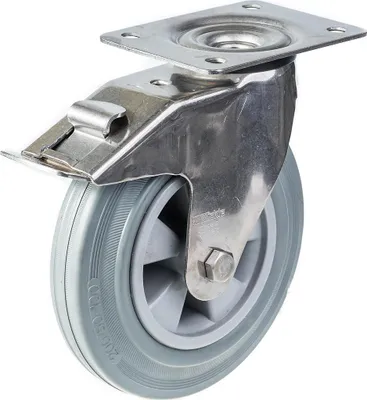 Produktbild von 200mm 8" Edelstahlrollen grau Gummi, drehbar mit Bremse, 205kg