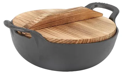 Produktbild von Gusseisen Wok Pfanne mit Holzdeckel, unbeschichtet, flacher Boden, 20 cm