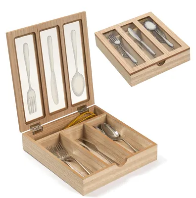 Holz-Bestekkasten mit Deckel, 4 Fächer, 27x30x6 cm