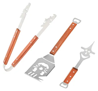 Image de Elzusha - Ensemble de barbecue en acier inoxydable, composé de 3 pièces, avec poignées en bois