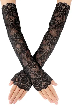 Produktbild von Spitzenhandschuhe Damen Fingerlos Lang Schwarz Weiß, 47 Cm, Vintage Tee Party Hochzeit Kostüm