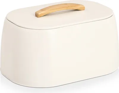 Produktbild von ZELLER Brotkasten 25169 aus Metall, creme mit Griff aus Gummibaumholz