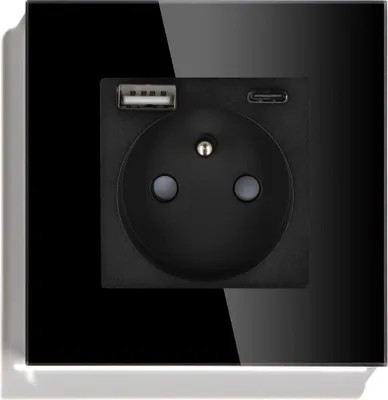 Image de Prise individuelle avec chargeur rapide USB A+C. Noir avec cadre en verre __ 20W__