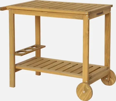 A wooden outdoor kitchen cart with wheels and a handle, shown against a white background.