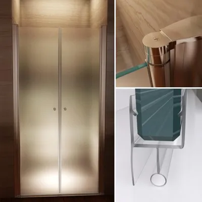A collage of images showing a frosted glass shower door, a close-up of a hinge, and a close-up of a shower door seal.