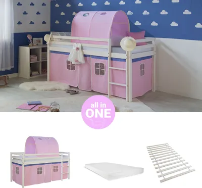Produktbild von Homestyle4u Hochbett 90x200 mit Matratze Tunnel Vorhang rosa Kinderbett Weiß Holz Kiefer Massiv Lattenrost
