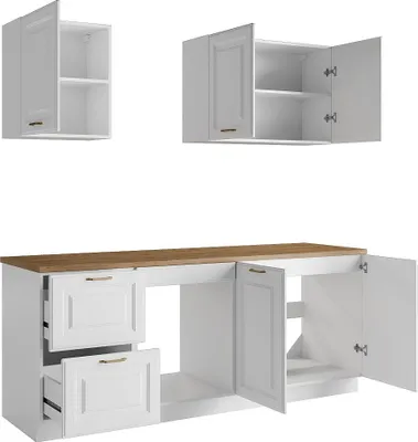 Produktbild von Küchenzeile - mit Arbeitsplatte 200 cm - Weiß & Holzfarben - CELOMIA