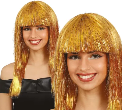 Productafbeelding van Silvester glamour pruik met gouden glitters, feeststijl, perfect voor nieuwjaar, carnaval of een kostuum. Haaraccessoire voor volwassenen, kleur: goud