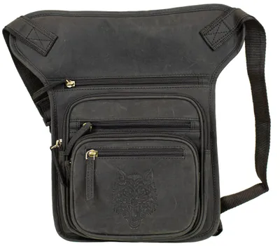 Produktbild von Motorrad Beintasche Echtes Leder Tasche Beinbeutel Biker Gürteltasche Wolf Motiv(Schwarz)