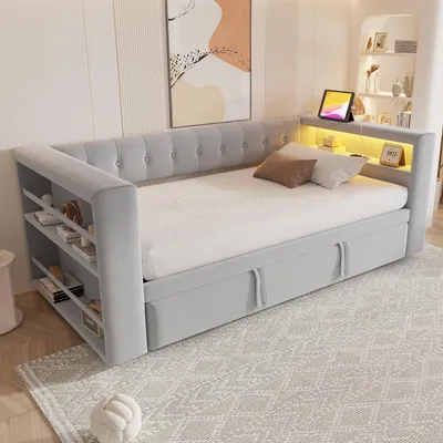 Immagine prodotto di Abrihome Divano letto imbottito 90 × 190 cm con letto estraibile e vano contenitore, divano letto con LED e rete a doghe, grigio chiaro