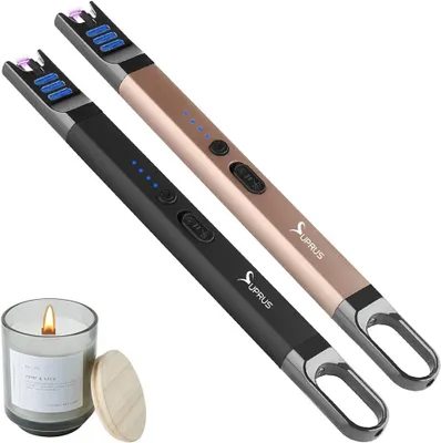 Immagine prodotto di Accendino elettrico a arco, resistente al vento, senza fiamma, ricaricabile tramite USB, con luce LED per candele, ideale per campeggio, barbecue e cucina (nero + oro)