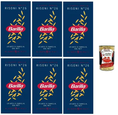 Produktbild von Barilla Risoni N.26 – 6×500 g Suppenpasta aus Hartweizengrieß, reisförmig für Brühen & Minestrone, al dente in 10 Min., hergestellt in Italien + Italian Gourmet polpa
