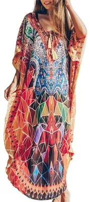 Zdjęcie produktu dla Kaftan w stylu bohemy - długa koszula do wypoczynku - sukienka plażowa - pareo - haft kwiatowy - oddychający poliester