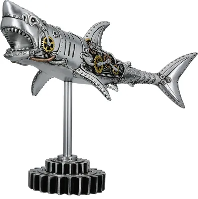 Obrázek produktu pro Gilde Figur, Hai, "Steampunk Shark", Zahnradmotiv, Kunstharz, silberfarben, VE 1, L. 12 cm, B. 38 cm, H. 30 cm