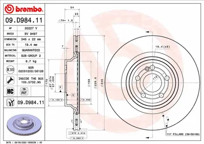 Produktbild von 2x BREMBO Bremsscheibe 09.D984.11 passend für MERCEDES-BENZ GLE (W167) 54mm