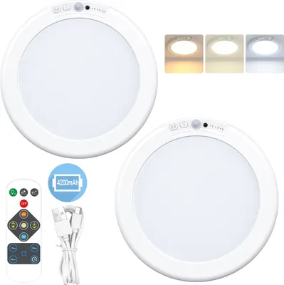 Two round LED ceiling lights with a remote control, USB cable, and battery indicator.