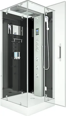 A modern shower cabin with glass doors and a silver control panel.
