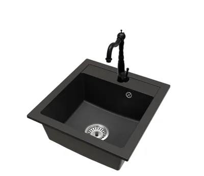 Produktbild von Küchenspüle aus Granit Schwarz mit Retro Armatur und Siphon Chrom