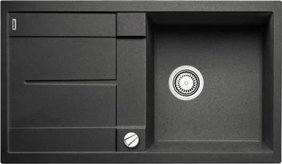 A top-down view of a black kitchen sink with a drainer and a separate basin.