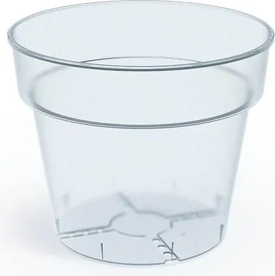 A clear plastic plant pot is shown against a white background.