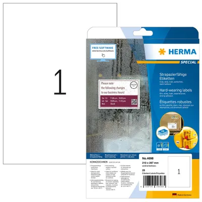 Produktbild von HERMA 4698 Wetterfeste Folienetiketten, 25 Blatt, 210 x 297 mm, 1 pro A4 Bogen, 25 Stück, selbstklebend, bedruckbar, matt, blanko Klebeetiketten Aufkleber aus Folie, weiß