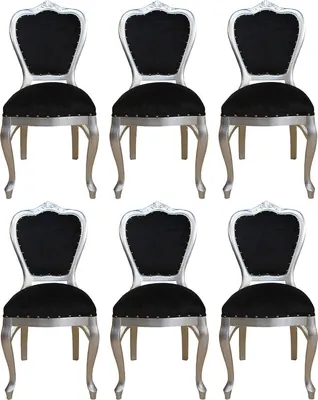 Produktbild von Casa Padrino Luxus Barock Esszimmer Set Schwarz / Silber 45 x 46 x H. 99 cm - 6 handgefertigte Esszimmerstühle - Barock Esszimmermöbel