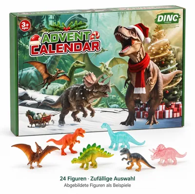 Produktbild von Adventskalender Dinosaurier, 24 Mini-Figuren, Blind-Box-Prinzip hinter 24 Türchen, tägliche Überraschung bis Weihnachten