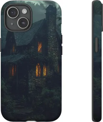 Produktbild von Nebelverhangenes Steincottage mit leuchtenden Fenstern – Hülle Kompatibel mit iPhone 15