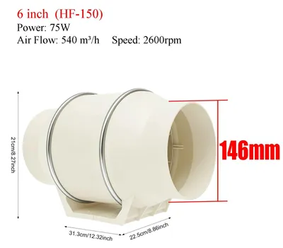 Image de Ventilateur tubulaire en ligne - Ventilateur de conduit 150 mm - Moteur en cuivre 75 W - Débit d'air élevé de 540 m³/h - Ventilateur silencieux pour salle de bains/tente de culture - Montage mural/en ligne - Blanc - 220 V UE
