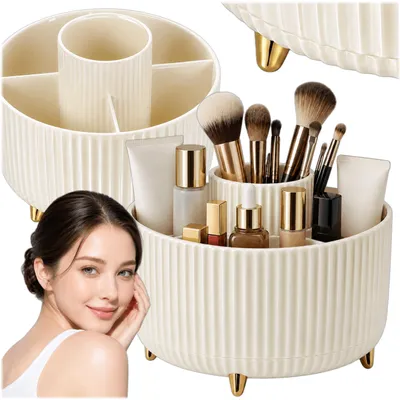 Produktbild von KRUMAD Kosmetik Organizer drehbar 360°, Make-up Organizer mit 5 Fächern, Parfümhalter, Pinselhalter, Kosmetikbox für Bad, Schminktisch und Büro, KI-generiertes Bild