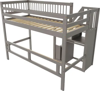 Obrázek produktu pro Sweiko postel z masivu 90x200, schody s úložnou skříní, dětská postel, postel pro mládež, jednolůžko, rám z masivu, vysoké provedení, šedá barva
